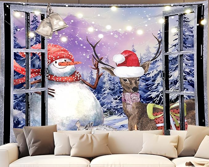 QGHOT Christmas Window Tapestry Wall Hanging Christmas Backdrop Winter Window Wall Decor Xmas Snowman Deer Tapestries for Bedroom Living Room Dorm Holiday Party Decoration