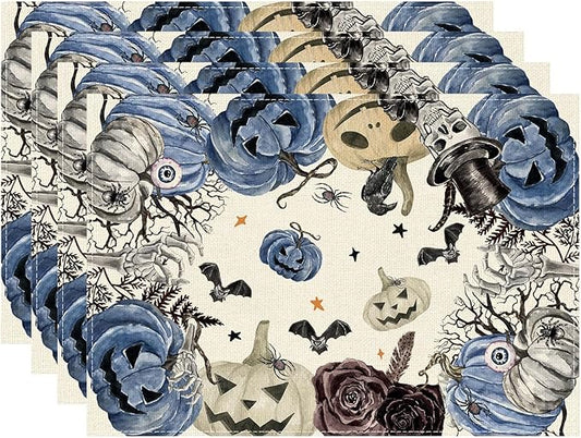 XCHI Spooky Blue Pumpkin Halloween Placemats Set of 4 Table Mats for Party Home Kitchen Dining Table Decorations 12x18 Inch