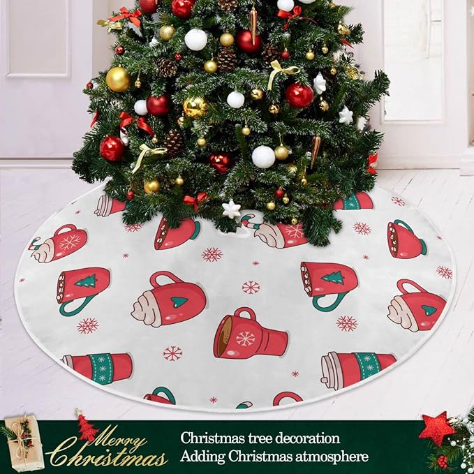 Christmas Hot Chocolate Coffee Tree Skirt, Seasonal Tree Mat Holiday Party Supplies Ornaments Indoor Outdoor Decorations for Tabletop Trees 47.2 Inches