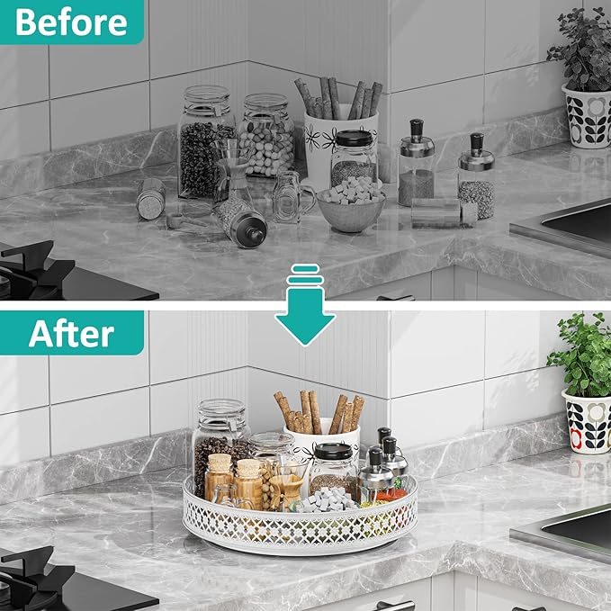 Ovicar Lazy Susan Turntable Organizer - 13 inch Rotating Spice Rack Metal Lazy Susan for Cabinet Pantry Kitchen Countertop Dining Table Cupboard Bathroom Vanity Refrigerator White