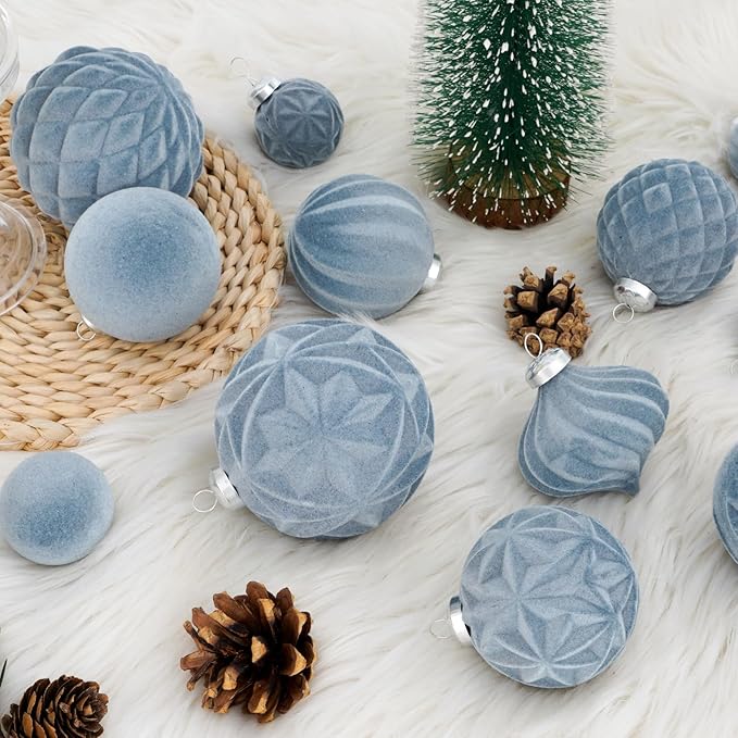 46PCS Velvet Christmas Ball Ornaments Set, Flocked Shatterproof Xmas Tree Decor, Assorted Hanging Ornaments with Loop for Holiday Home Decor, Christmas Tree, Mantel, Party Decoration (Gray Blue)
