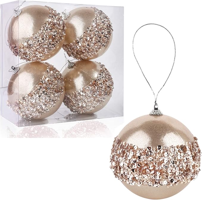 4pc Champagne Shatterproof 4" Christmas Ball Ornaments for Trees, Weddings, Holiday Decor