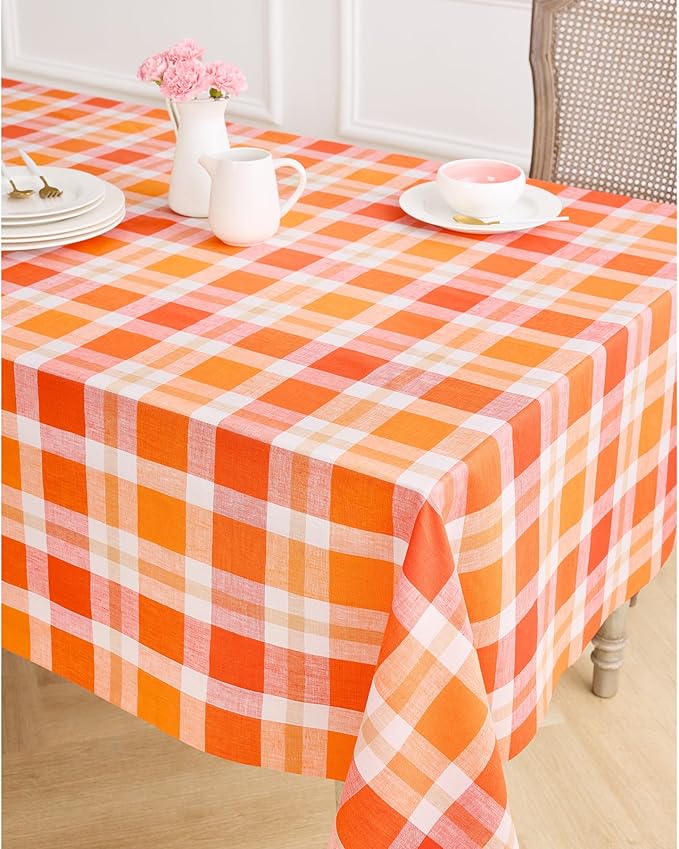 Solino Home Linen Tablecloth 60 x 108 Inch - 100% Pure Linen Plaid Pumpkin Table Cloth for Rectangle Tables - Autumn, Halloween, Thanksgiving, Fall Buffalo Check Machine Washable Tablecloth