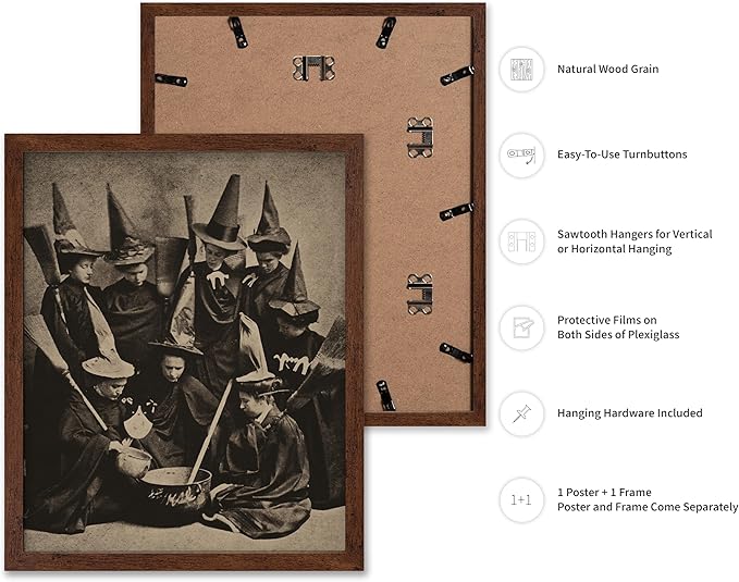 Poster Master Vintage Photograph Poster - Retro Halloween Print - Gift for Artist, Friend - Witches Cooking, Pointy Hats, Broomsticks, Black Magic - Wall Decor for Bedroom, 16x20 Brown Framed