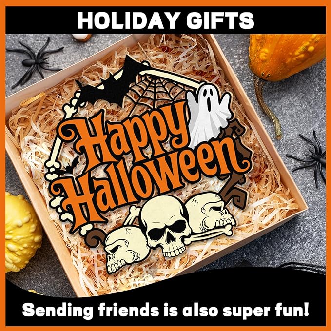 Halloween Door Wreath, Happy Halloween Sign Wooden Ghosts Skulls Bats Halloween Wreaths for Front Door, Halloween Door Decorations Indoor Outdoor Sign