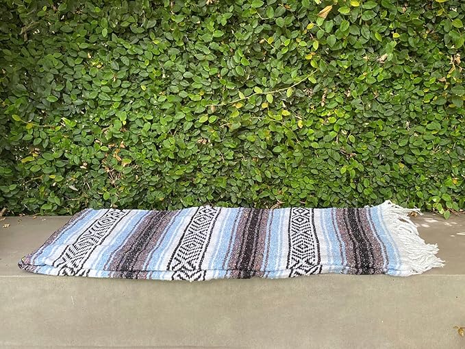 Del Mex Classic Mexican Blanket, Large Authentic Woven Falsa Throw (70"x50"), Artisan Southwest Décor for Beach, Yoga, Outdoors (Light Blue)