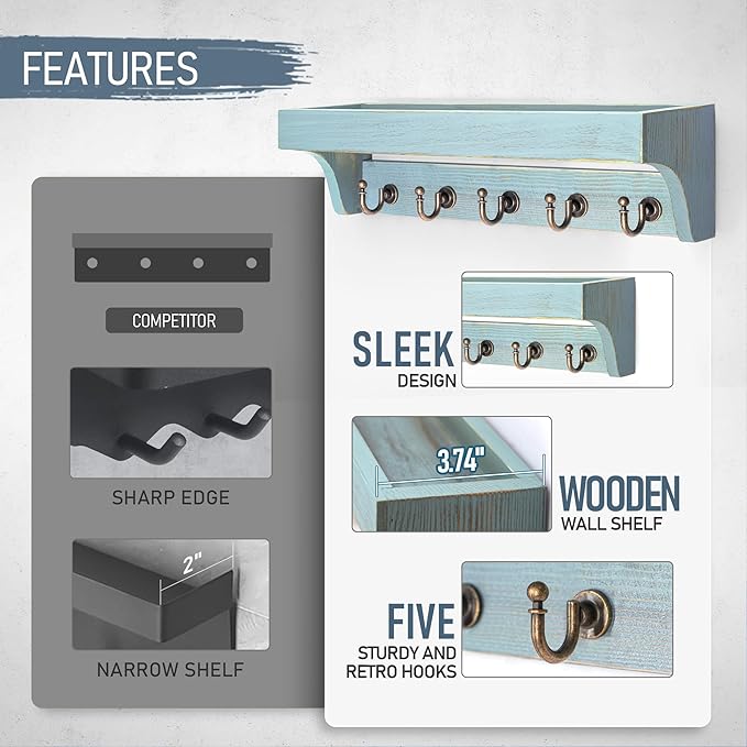 Rebee Vision Farmhouse Pine Wood Key Holder Wall Mount for Home Decor - Rustic Wall Key Holder with Shelf for Home Improvement - Ideal Entryway Organizer in Living Room (Distressed Blue)