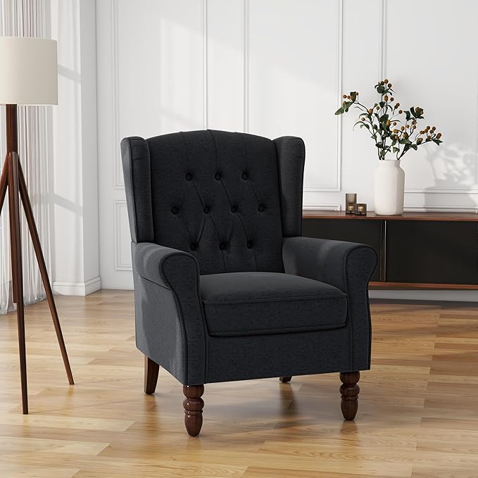 UIXE High Back Accent Chairs Set of 2, Upholstered Armchair in Fabric, Retro Wingback Arm Chair for Living Room, Comfy Single Sofa Bedroom Reading Seat with Solid Wood Legs - Black Blue