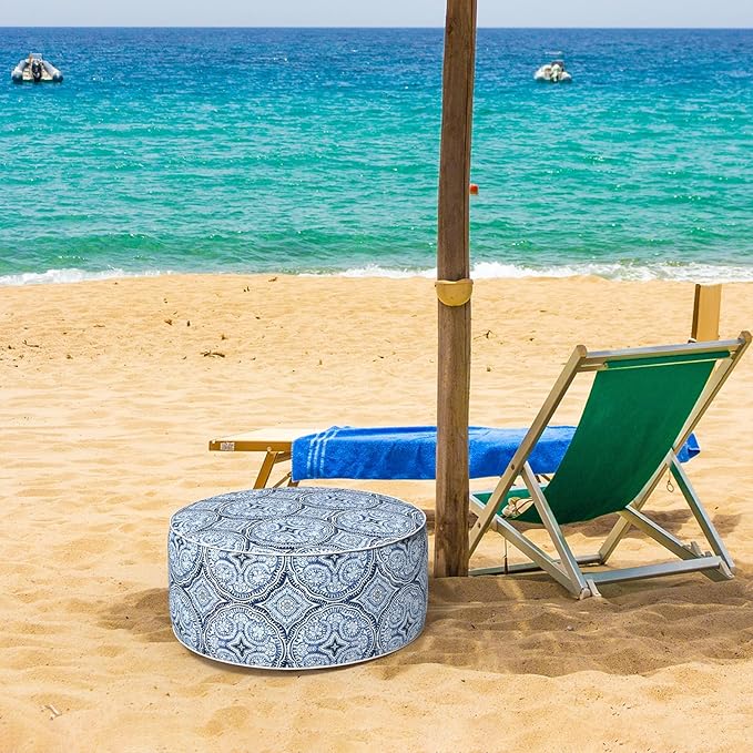 Inflatable Ottoman Stool D21 xH9 for Outdoor/Indoor Use, Water Repellent Patio Foot Rest Stool with Portable Handle,Round Pouf Ottoman Suitable for Garden,Deck and Camping - Medallion Blue