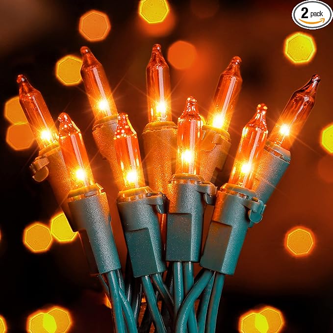 Hopolon Mini Orange Halloween Lights, 2PACk 50 Incandescent Christmas String Lights, 13FT 120V UL Certified Xmas Tree Lights for Christmas, Patio, Holiday, Party, Home, Indoor Outdoor Decor, Orange