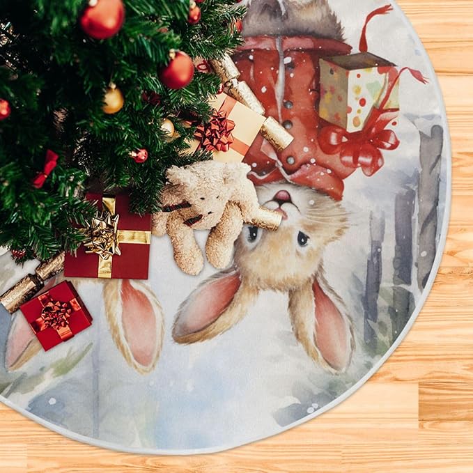 36 Inch Christmas Rabbit Tree Skirt for New Year Party Decorations and Xmas Tree Mat
