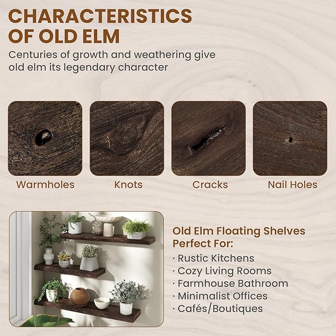 72" Floating Shelves, Live Edge Elm Wood Floating Shelf for Wall, Wall-Mounted Display Shelves with Invisible Heavy-Duty Bracket, Long Floating Shelf for Bathroom, Kitchen, Living Room, Walnut Color