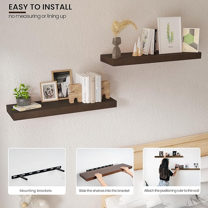 Wood Floating Shelves for Wall 24” x 8”x 1.4” Shelf Floating Rustic Farmhouse Decor, Heavy Duty Shelf Hold 60 lbs, Wall Shelves for Bathroom Living Room Kitchen Bedroom Office, 2 Packs Walnut