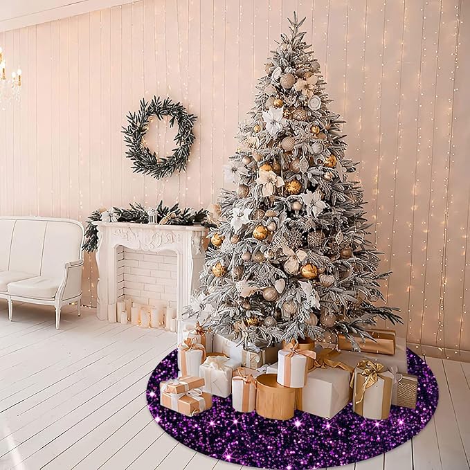 Purple Christmas Tree Skirt Decorations 46 Inch Sequin Christmas Tree Skirt Sparkly Halloween Tree Mat Velvet Tree Skirts Xmas Home Decor Sequins Tree Cover Round Tree Base Skirt for Christmas Decor