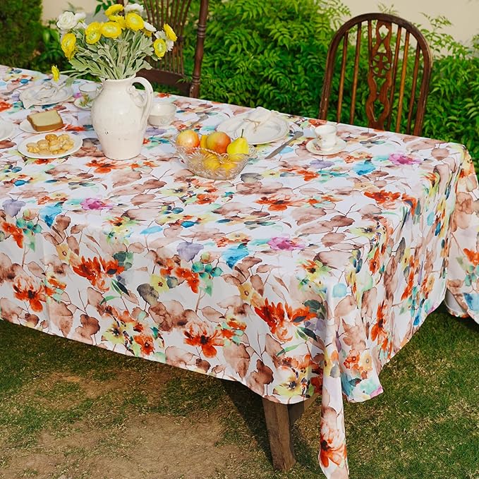 Floral Outdoor Tablecloth, Waterproof Tablecloth for Rectangular Table, Soft Vibrant Farmhouse Table Cover for Dining, Party - Spring/Summer, 54''x72'', Orange Flower