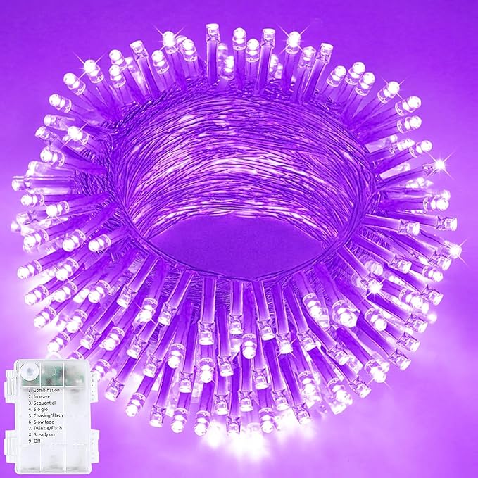 Halloween String Lights Battery Operated with Auto Timer, 33FT 100 LED Waterproof LED Purple String Lights with 8 Modes, Fairy Twinkle Light for Indoor & Outdoor Party Bedroom Halloween Decorations