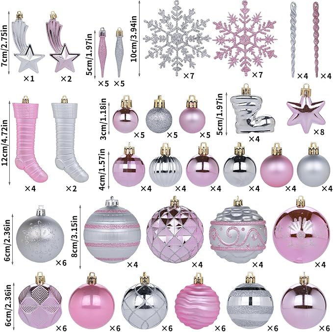 150PCS Pink and Silver Christmas Ornaments, Shatterproof Christmas Ball Ornaments Set, Assorted Christmas Baubles Hanging Decorations for Xmas Tree Home Festival Party Wedding (Pink & Silver)