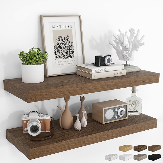 RICHFOCUS 36Inch Floating Shelves for Wall 2 Pack Shelves for Bedroom|Kitchen|Bathroom Wall Mounted Rustic Wood Floating Shelf with Invisible Brackets for Books|Storage|Decor, Walnut