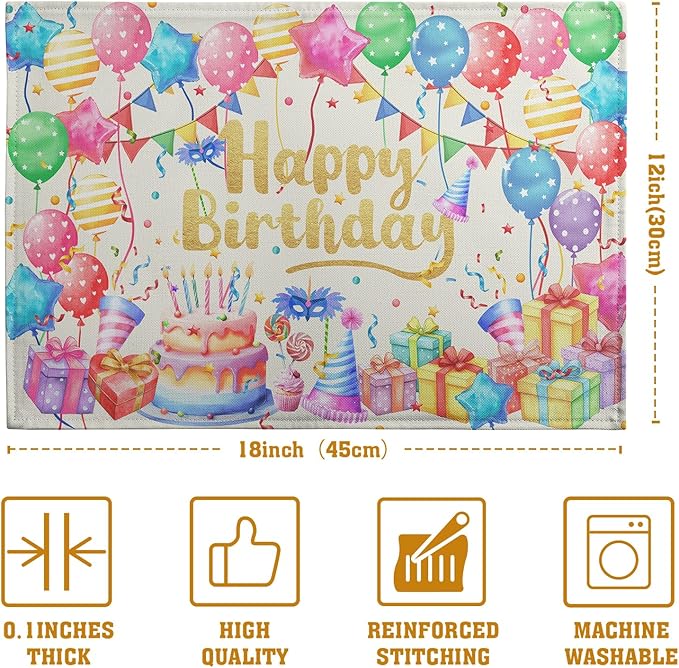 Happy Birthday Placemats Set of 4 Colorful Balloons Confetti Cake Linen Table Mats 12x18 Inch Birthday Party Place Mats for Kitchen Dining Outdoor Indoor Decorations