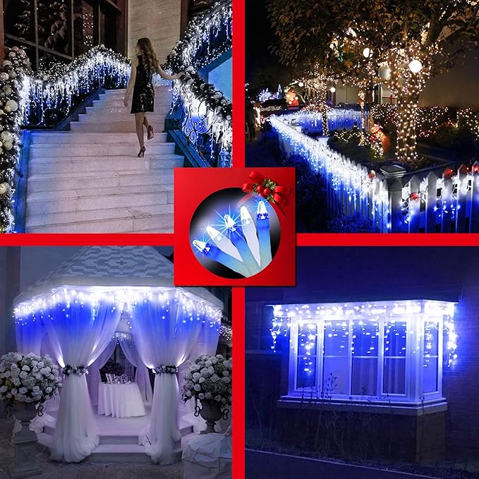612 LED 60FT Christmas Lights with 136 Drops, 12 Modes Dimmable CoolWhite & Blue Outdoor Hanging Lights with Timer Memory, Waterproof Curtain Lights for Bedroom Yard Indoor Window Roof Fence Wedding