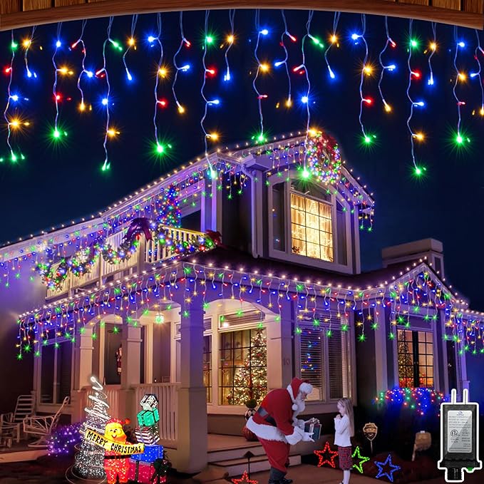 60FT 612 LED Outdoor Christmas Lights - 136 Ice Drops, 12 Pro Modes with Timer Memory & Brightness, Waterproof Hanging Ice String Light for Holiday Wedding Garden Fence House Decor (Multicolor)