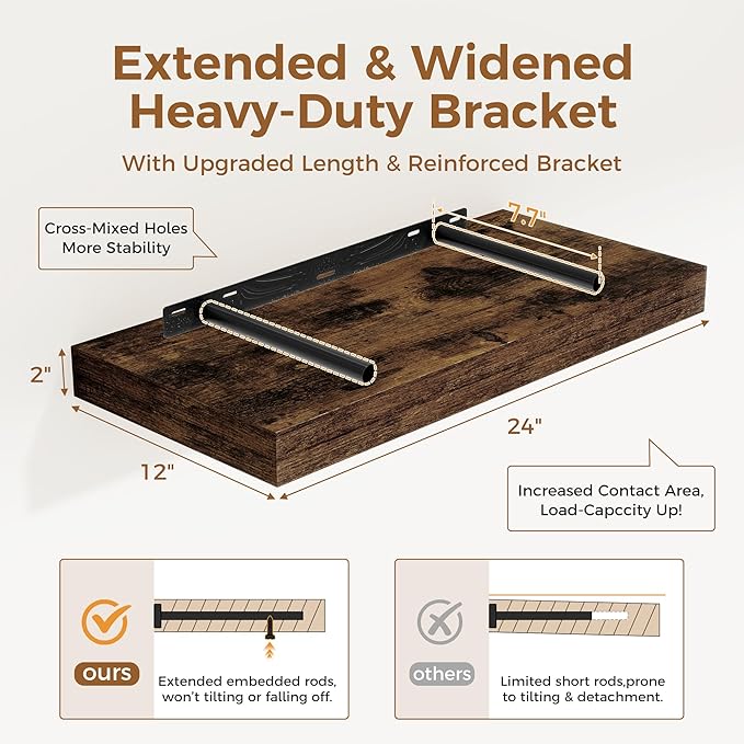 12 Inch Deep Floating Shelves, 24 x 12 Floating Shelf for Books, Rustic Wood Deep Wall Shelves for Home Storage & Display, 2" Thicked Shelves for Kitchen, Living Room, Bedroom, Rustic Brown, 2 Pack