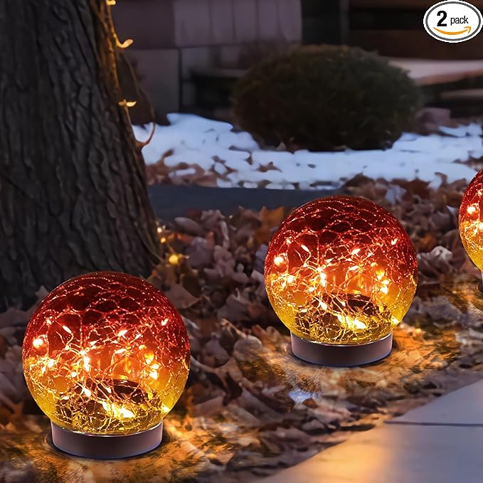 Solar Globe Lights Outdoor Waterproof-Solar Balls-Solar Garden Lights-Orbs for Outside 2 Pack Cracked Glass Ball for Lawn Patio Yard Backyard Decorations