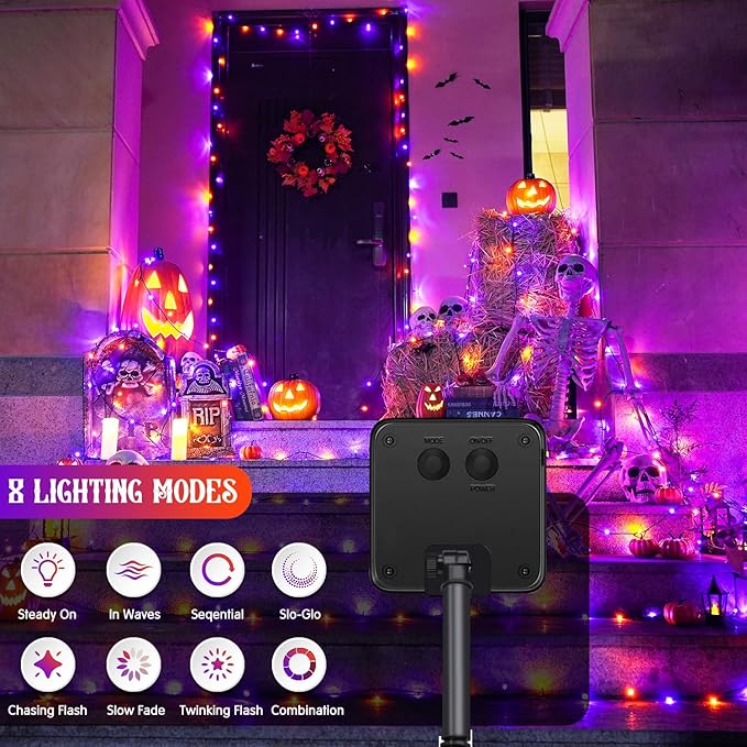 JMEXSUSS Orange and Purple Solar Halloween Lights, 2 Pack Total 400 LED Solar String Lights Outdoor Waterproof, 8 Modes Halloween Light for Outside Patio Yard Tree Decorations
