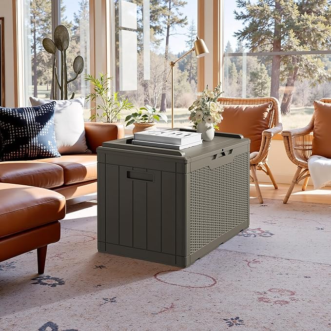 JUMMICO 100 Gallon Resin Deck Box with Cushion, Waterproof Outdoor Storage Box with Lockable Lid for Garden Tools, Patio Cushions (Light Brown)