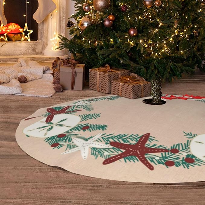 36" Large Christmas Tree Skirt, Coastal Rustic Beach Christmas Holiday Starfish Pattern Tree Mat Base Cover for Xmas Festive Holiday Party Decoration Ornaments