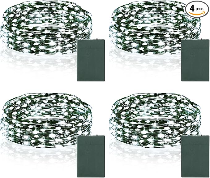 4 Pack Christmas Fairy Lights Battery Operated, 16.4FT 50 LED Dark Green Wire Twinkle Lights with Auto Timer Waterproof, Outdoor String Lights for Indoor Outdoor Bedroom Yard Decor (Cool White)