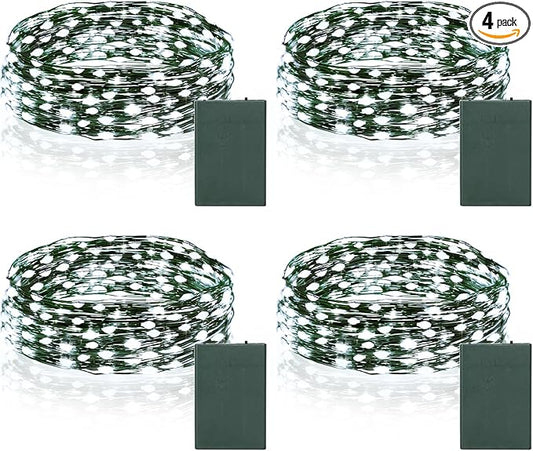 4 Pack Christmas Fairy Lights Battery Operated, 16.4FT 50 LED Dark Green Wire Twinkle Lights with Auto Timer Waterproof, Outdoor String Lights for Indoor Outdoor Bedroom Yard Decor (Cool White)