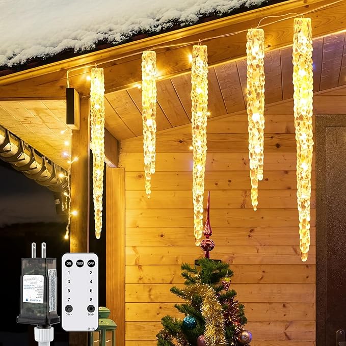 Icicle Lights Outdoor with Remote, 20ft 20 Tubes 100 LED Ice Shape String Lights, Connectable Hanging Christmas Decoration Lights for Tree Patio Roof Holiday Decor, Warm White