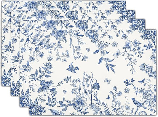 Blue White Floral Placemats Set of 4 Spring Summer Hydrangea Flowers Branches Washable Non-Slip Heat Resistant Place Mats 12x18 Inch Chinoiserie Linen Table Mats for Home Kitchen Dining Party Decor
