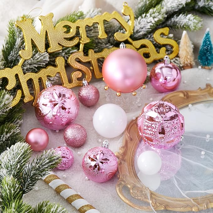 87-Pack Shatterproof Christmas Ball Ornaments Set, Christmas Tree Decorations with Hand-held Gift Package for Xmas Tree Holiday Wedding Party (Pink and White)