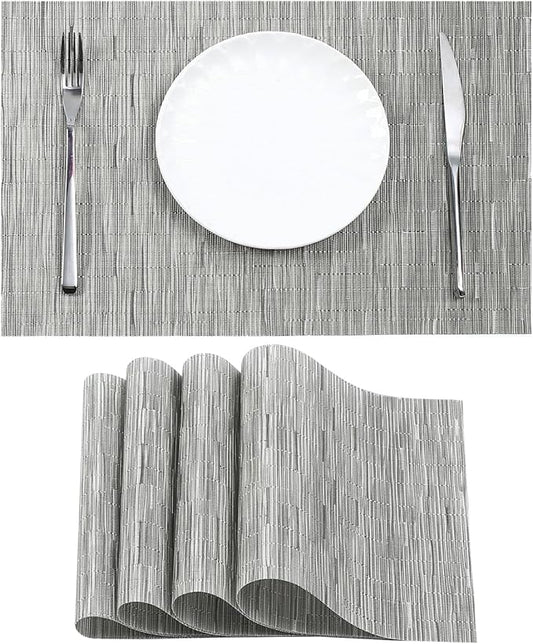 Leetaltree Silver Placemats Set of 4 - Heat Resistant Non-Slip Place mats for Dining Table, Washable Durable PVC Vinyl Woven Table Mats（Silver, 4）