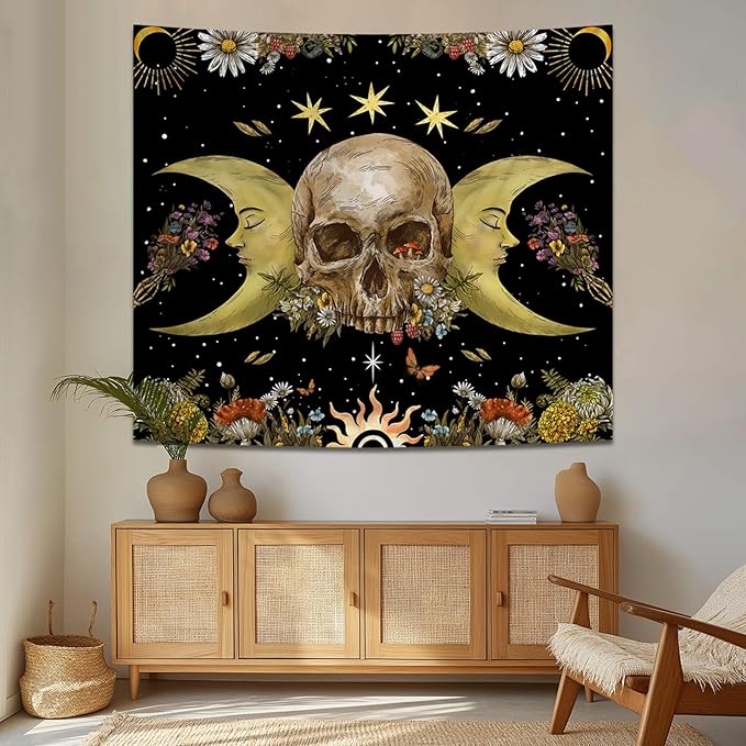 Atrippy Halloween Vintage Gothic Tapestry for Bedroom, Goth Skull Floral Wall Decor Tapestry, Sun and Moon Skeleton Flower Tapestries Aesthetic, Dark Room Decor Wall Hanging for Living Room Dorm 51x60 Inches