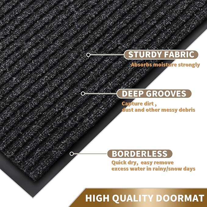 Yimobra Front Door Mat Outdoor Indoor Entrance, 100% Waterproof All-Season All Weather Doormat, Welcome Matt Outside Entry, Non Slip, Low Profile, Heavy Duty Patio Porch Floor Mats,47 x 24,Black Grey