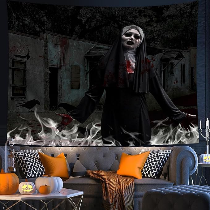 QGHOT Halloween Tapestry, Gothic Horror Movie Tapestry Wall Hanging Spooky Halloween Backdrop Creepy Scary Nun Haunted House Wall Decor for Bloody Party Decorations (90.6"x70.9")