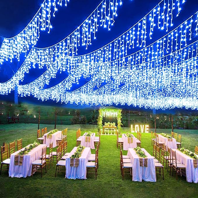 98FT Blue Icicle Lights for Outside, 1216 LED Icicle Christmas Lights with 8 Modes 228 Drops, Curtain Twinkle Lights for Indoor Outdoor Bedroom House Holiday Party Wedding Decorations