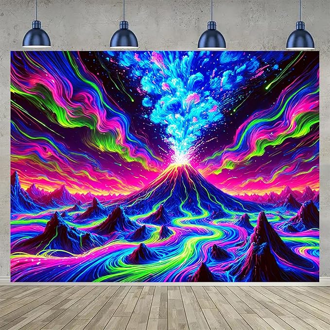 BlissYard Erupting Volcano Stream UV Black Light Tapestry 78x59 Inches Art Color Neon Light Background Bedroom Living Room Wall Party Decoration Psychedelic Lava Mountain Sky Flow Fantasy Scene