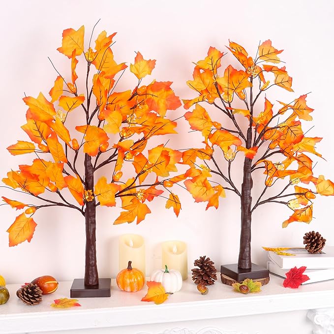 2 Pack 24 Inch Prelit Fall Maple Tree Fall Decorations for Home with 48 LEDs Battery Operated Timer Lighted Acorn Maple Tabletop Light Up Tree for Office Fall Decor Thanksgiving Decorations Indoor