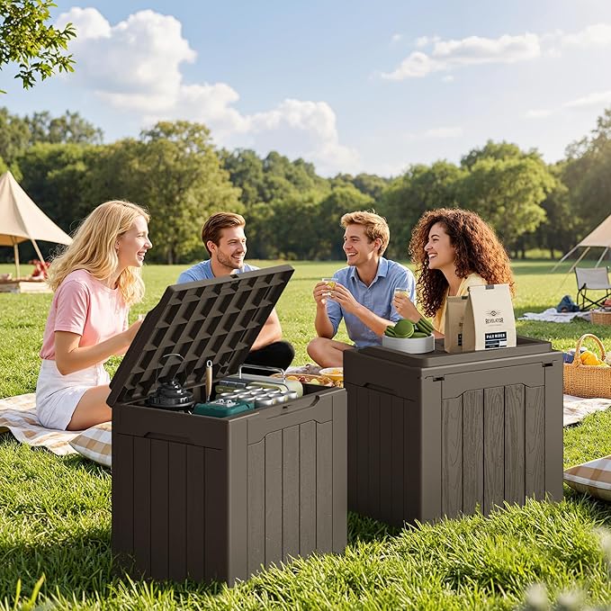 JUMMICO 31 Gallon Resin Deck Box Waterproof Indoor Outdoor Storage Boxes for Patio Furniture Cushions and Garden Tools (Brown, 31gallon-2 Packs)