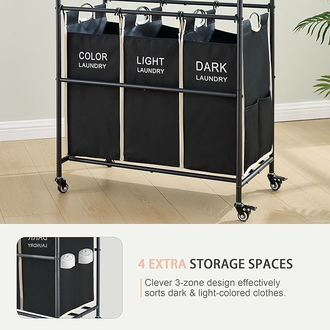 Laundry Sorter 3 Section,Laundry Hamper Cart with Hanging Rack & Removable Bags,Heavy Duty Laundry Basket with Wheels & 2 Tier Shelf,Space-Saving Laundry Basket Organizer for Laundry Room