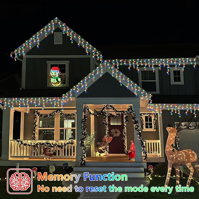 QITONG Multicolor Icicle Christmas Lights Outdoor, 33ft 400 LED Icicle Lights Indoor, Clear Wire Connectable String Lights Plug in with 8 Modes