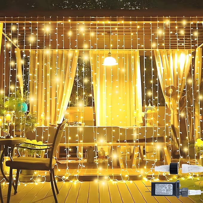 HEYFUNi 304 LED Curtain Lights Outdoor, 9.8Ft*9.8Ft Hanging String Lights Plug in with 8 Modes, Connectable Curtain Fairy Lights for Bedroom, Dorm, Christmas, Wall, Backdrop, Wedding Decor, Warm White