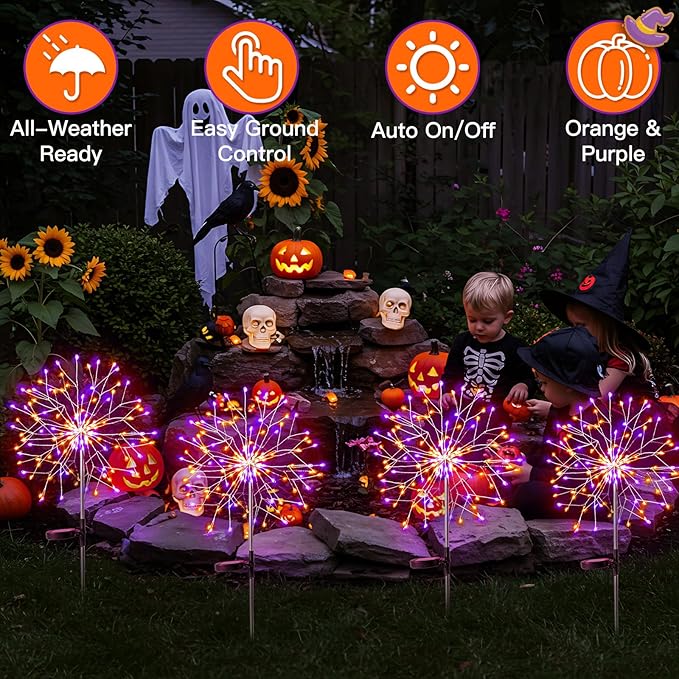 suddus Solar Halloween Lights Outdoor Solar Powered, Upgrade 2-Pack Orange & Purple Solar Firework Lights, Waterproof Garden Light for Yard Pathway Patio Flowerbed Halloween Decorations