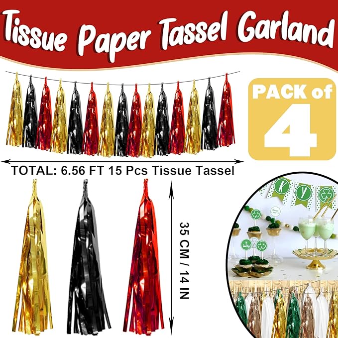 4P Black-Red Gold Foil Fringe Metallic Tassel Garland, Tassels Banner Streamers for Parade Floats, Bachelorette, Wedding, Birthday, Halloween, Christmas, Bridal/Baby Shower Party Decorations