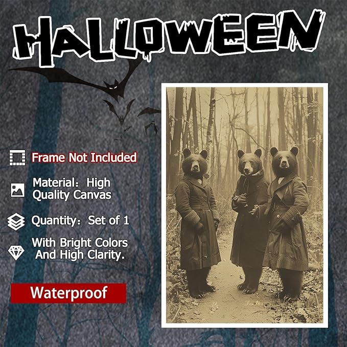Vintage Horror Halloween Wall Decor Spooky The Three Bears In Occult Forest Spooky Canvas Wall Art Poster Gothic Dark Academia Decorations Room Creepy Print 24X36inch Unframed