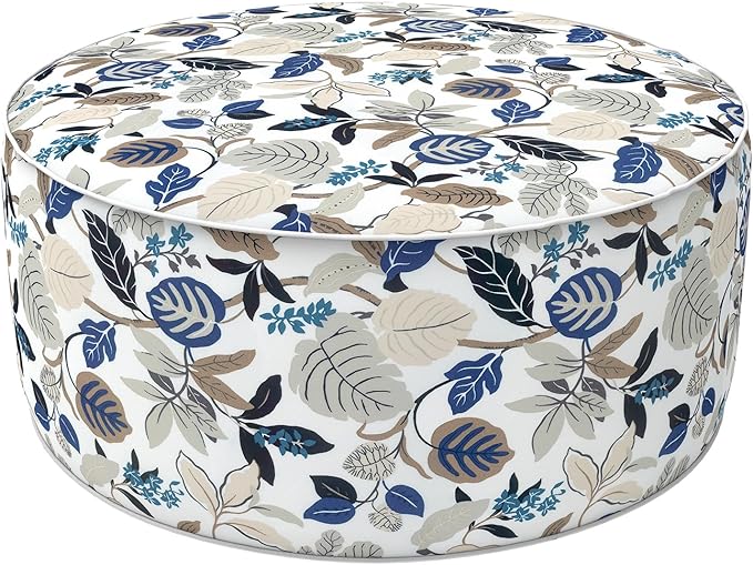 LVTXIII Indoor/Outdoor Inflatable Ottoman, D31 x H14 Inch Large Round Ottoman, All Weather Foot Rest Stool, Portable Footrest for Patio, Garden, Camping and Home - Breeze Leaves Beige